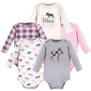 Hudson Baby Cotton Long-Sleeve Bodysuits – Set of 5 | Pink Moose or Moose Happy Camper